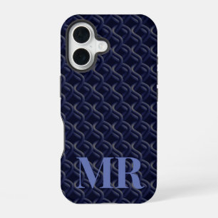 Custom Initial Large Modern Blue Lattice Rubber iPhone 16 Case