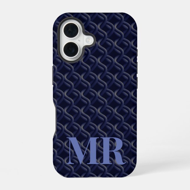 Custom Initial Large Modern Blue Lattice Rubber iPhone 16 Case (Back)