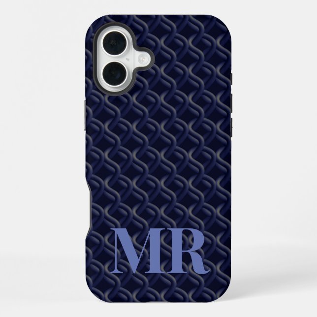 Custom Initial Large Modern Blue Lattice Rubber iPhone Case (Back)