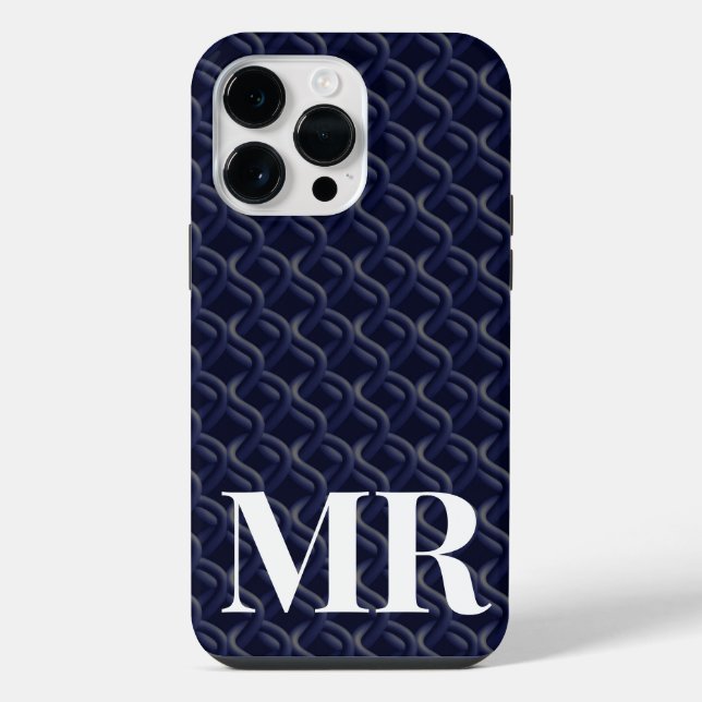 Custom Initial Large Modern Blue Lattice Rubber iPhone Case (Back)