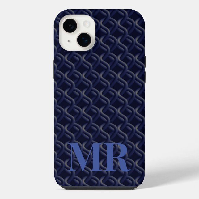 Custom Initial Large Modern Blue Lattice Rubber iPhone Case (Back)