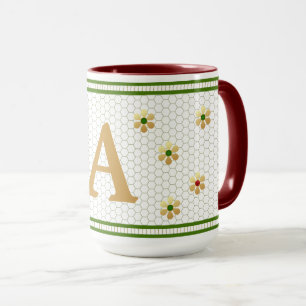 Custom Initial Letter   Chic Gold Daisy Honeycomb  Mug