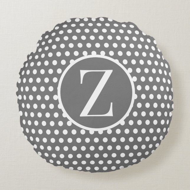 Custom initial letter Polka Dot Grey Round Cushion (Front)