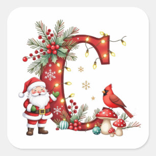 Custom initial monogram C reindeer Santa's hat  Square Sticker