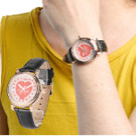 Custom Initial Monogram Coral Watercolor Heart Watch<br><div class="desc">Make this wrist watch a special personalised gift. It features a coral watercolor background that complements the initial letter monogram and name centred on the coral heart surrounded by dots. Personalise the text in the template fields, remove one or both, or click customise to select a typeface style, size, and...</div>