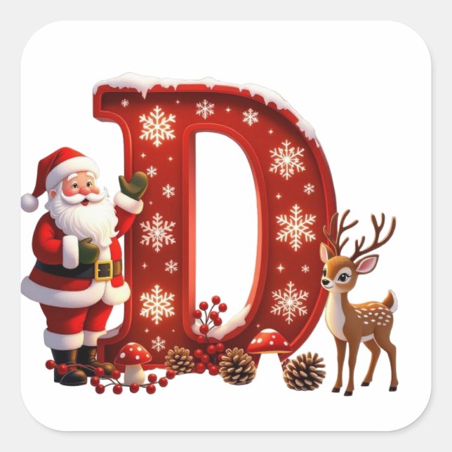 Custom initial monogram D deer Santa snowflake Square Sticker (Front)