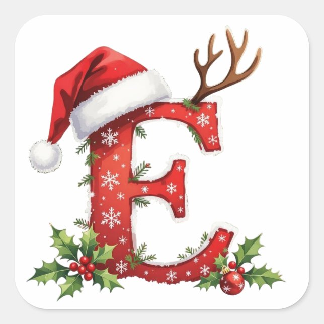 Custom initial monogram E antler Santa's snowflake Square Sticker (Front)