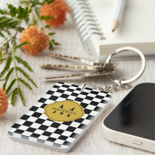 Custom Initial Name and Photo Elegant Grid Pattern Key Ring