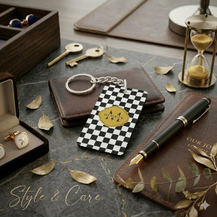 Custom Initial Name and Photo Elegant Grid Pattern Key Ring