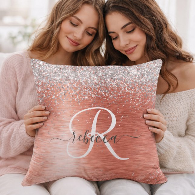 Custom Initial & Name Coral Glitter Cushion (Creator Uploaded)
