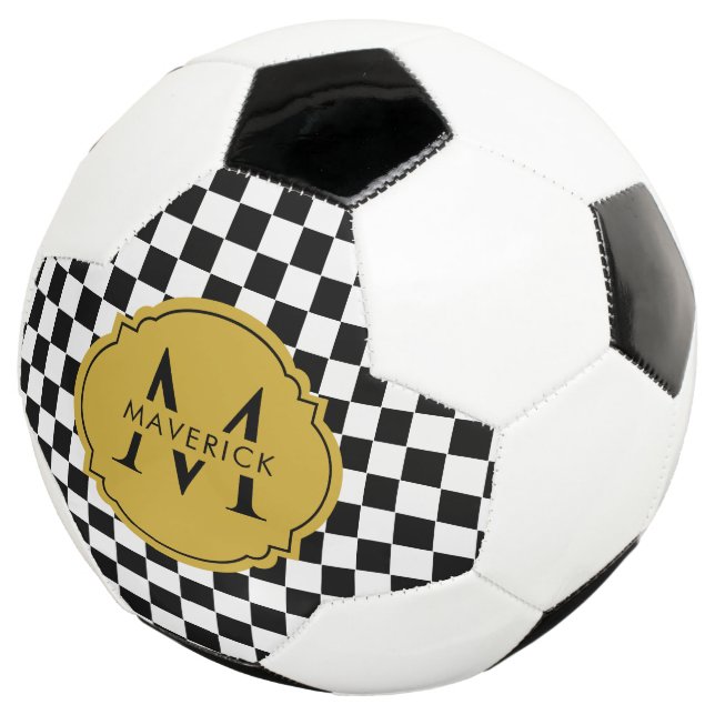 Custom Initial Name Elegant Modern Black Soccer Ball (Three Quarter)