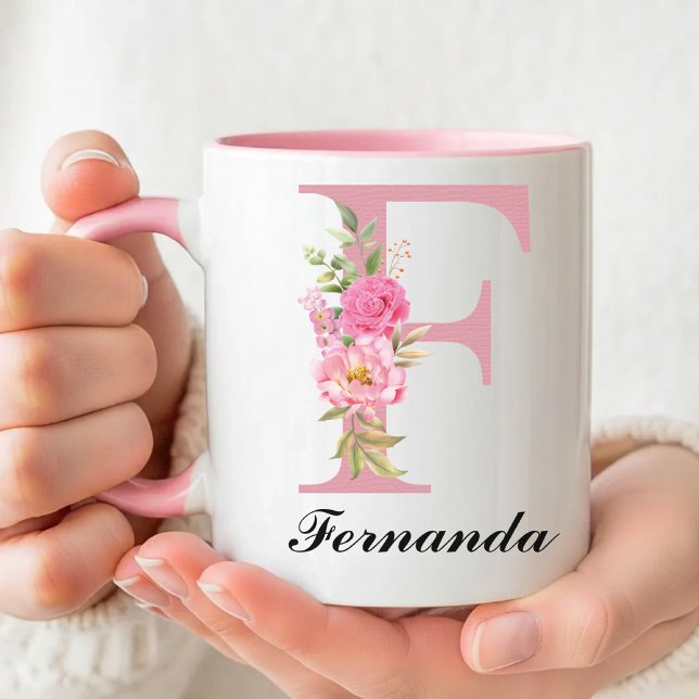 Custom Initial Name Floral Mug Gift for Grandma (Custom Pink Floral Monogram Mug Gift for Her, Wildflower Initial Name Mug Birthday Gift for Mom)
