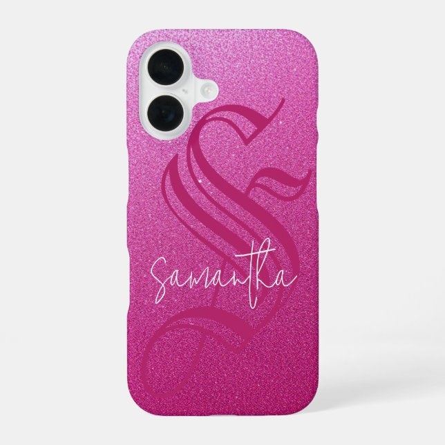 Custom Initial & Name Pink Glitter iPhone 16 Case (Back)