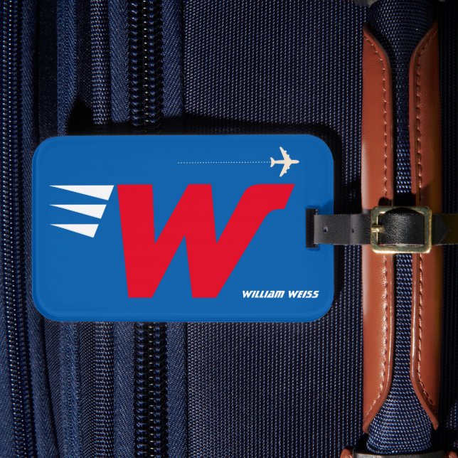 custom initial, personalised monogram red blue luggage tag (Front Insitu 4)