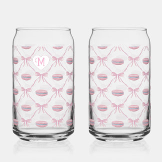 Custom Initial Pink Girly Coquette Bow & Macarons Can Glass