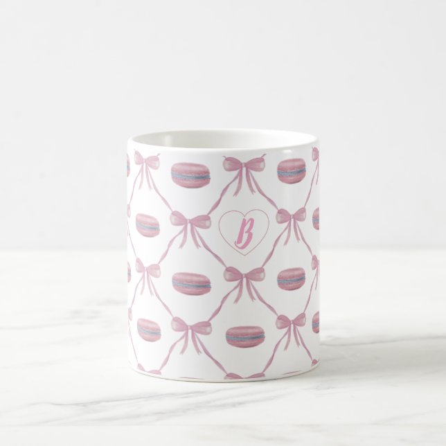 Custom Initial Pink Girly Coquette Bow & Macarons Coffee Mug (Center)