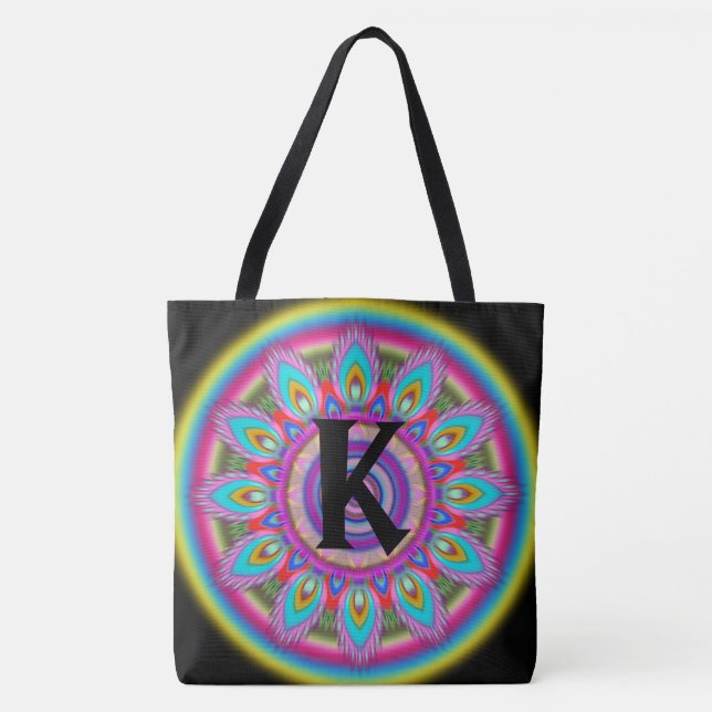 Custom initial psychedelic Large Tote BLACK 2 (Front)