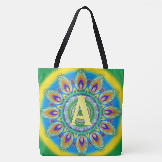 Custom initial psychedelic Large Tote greens (Front)