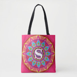 Custom initial psychedelic Tote Bag fuchsia