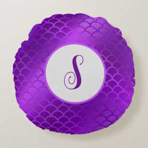 Custom initial purple mermaid scales pattern round cushion