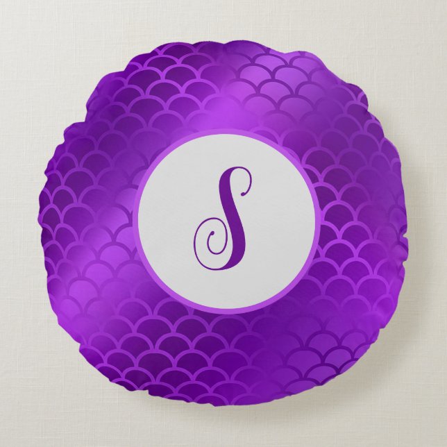 Custom initial purple mermaid scales pattern round cushion (Front)