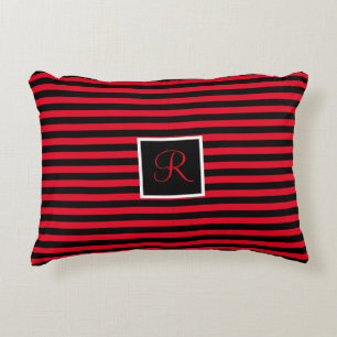 Custom Initial Red and Black Striped Decorative Cushion