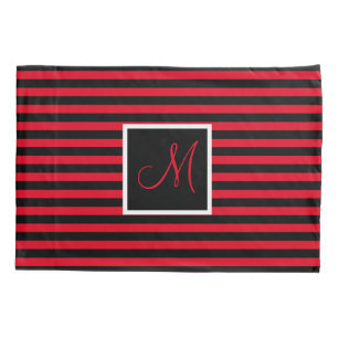 Custom Initial Red and Black Striped Pillowcase