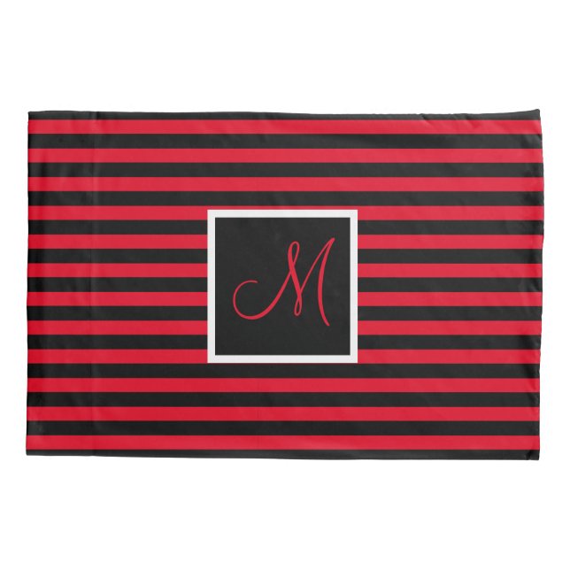 Custom Initial Red and Black Striped Pillowcase (Back)