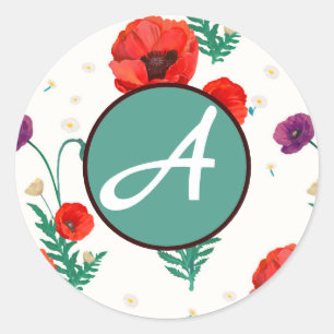 CUSTOM INITIAL ROUND STICKER POPPIES FOR SPRING