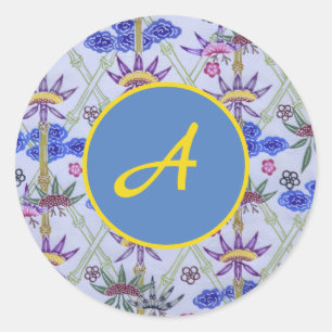 CUSTOM INITIAL ROUND STICKER WITH BLUE FLOWERS