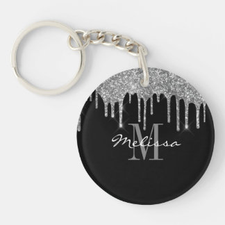 Custom Initial Script Glitter Drip Silver Key Ring