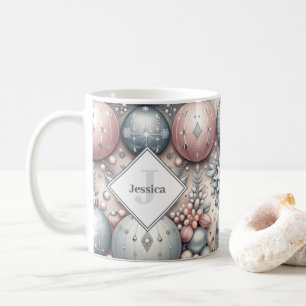 Custom Initial Silver and Pink Christmas Baubles Coffee Mug