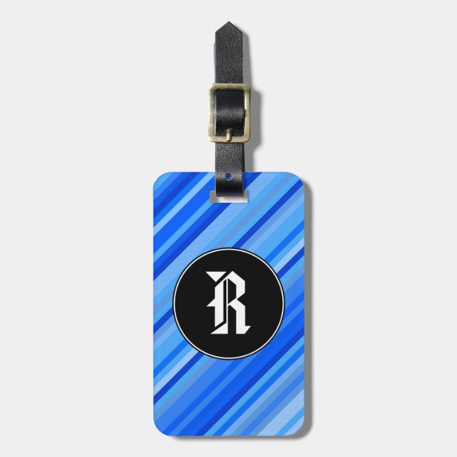 Custom Initial + Stripes of Blue Pattern Luggage Tag (Front Vertical)