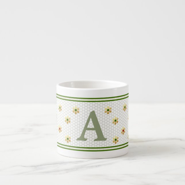 Custom Initial | Stylish Gold Daisy Honeycomb  Espresso Cup (Front)
