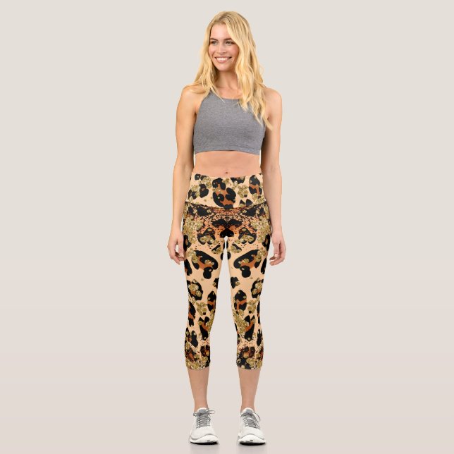 Custom Initial Stylish Gold Leopard High Waisted Capri Leggings (Front)