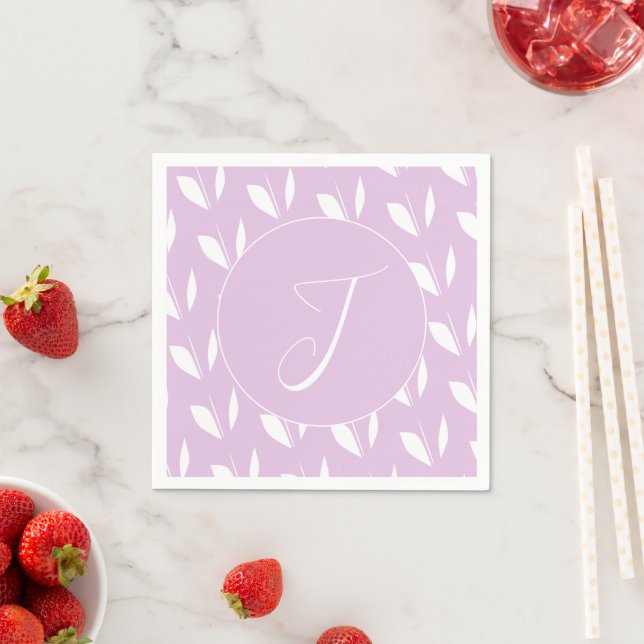Custom initial white silhouette leaves purple napkin (Insitu)