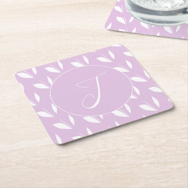 Custom initial white silhouette leaves purple square paper coaster (Angled)