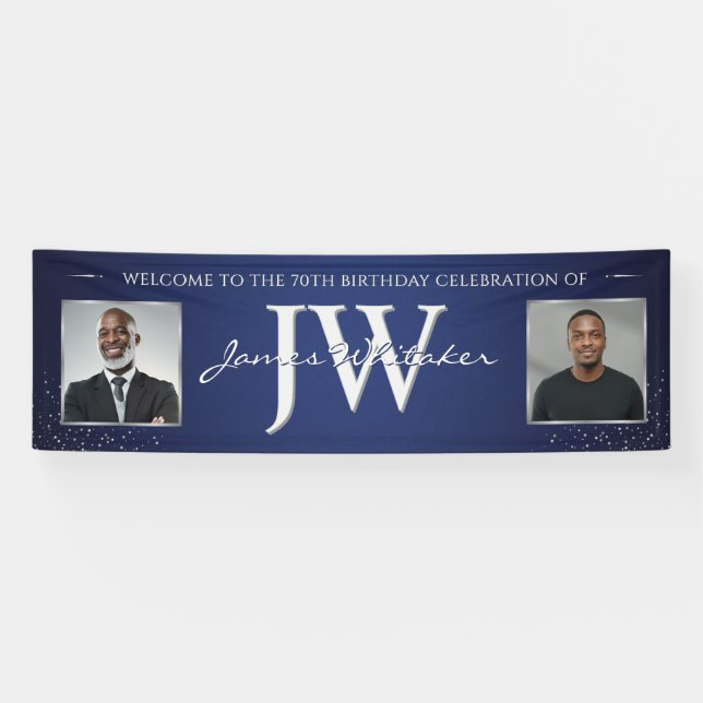Custom Initials Birthday Banner, Blue Silver Photo Banner (Horizontal)