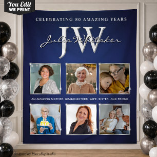 Custom Initials Birthday Banner Blue Silver Tapestry