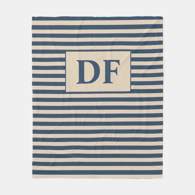 Custom Initials Blue/Vanilla Stripes Fleece Blanket (Front)