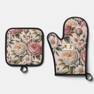 Custom initials chic vintage roses cottagecore  oven mitt & pot holder set
