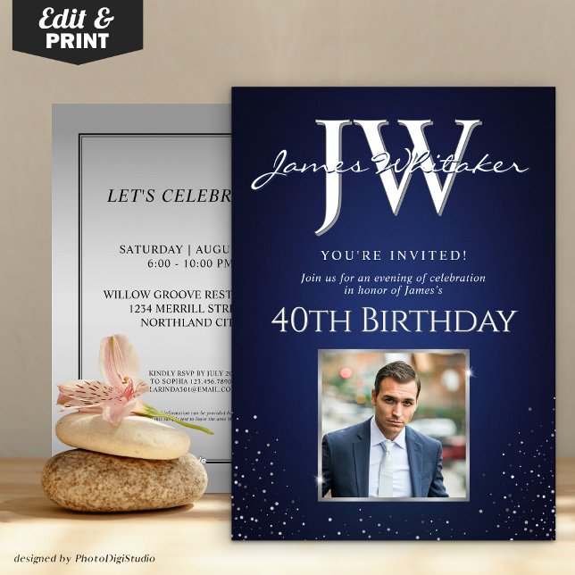 Custom Initials Elegant 40th Birthday Blue Silver  Invitation (Custom Initials Elegant 40th Birthday Blue Silver Invitation)