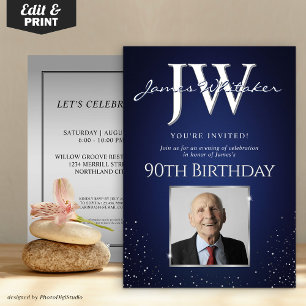 Custom Initials Elegant 90th Birthday Blue Silver Invitation