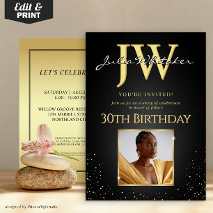 Custom Initials Elegant Black Gold 30th Birthday Invitation