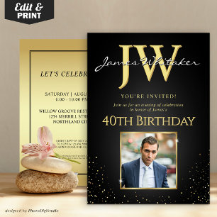 Custom Initials Elegant Black Gold 40th Birthday Invitation