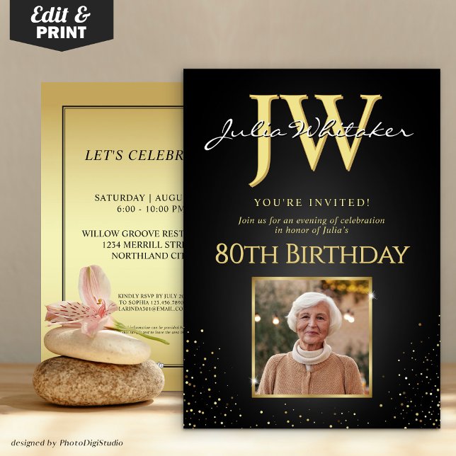 Custom Initials Elegant Black Gold 80th Birthday Invitation (Custom Initials Elegant Black and Gold Birthday Invitation)