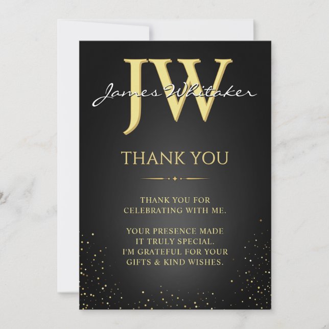 Custom Initials Elegant Black Gold Thank You Card (Front)