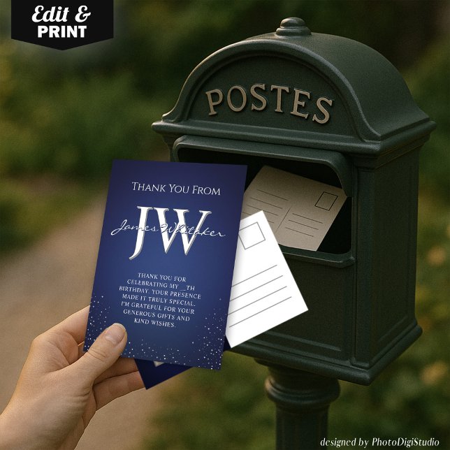 Custom Initials Elegant Blue Silver Thank You Card (Custom Initials Elegant Blue Silver Thank You Card)