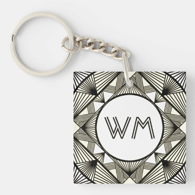 Custom Initials Elegant Manly Black Chic Art Deco Key Ring (Front)
