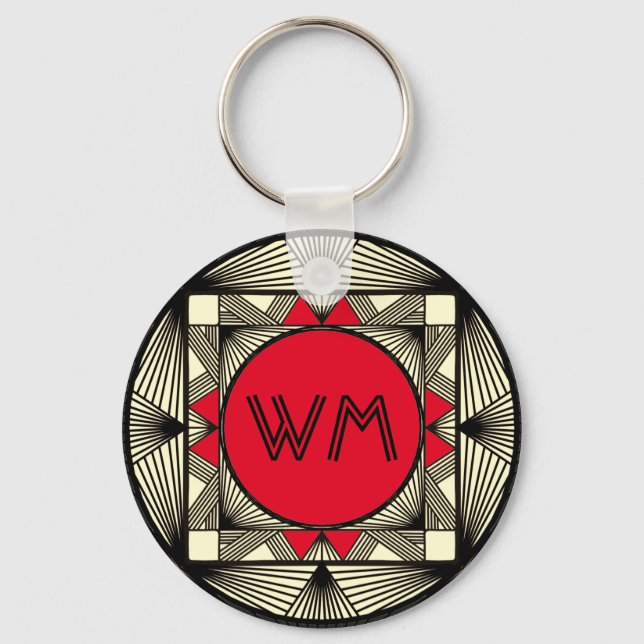 Custom Initials Elegant Manly Red Chic Art Deco Key Ring (Front)